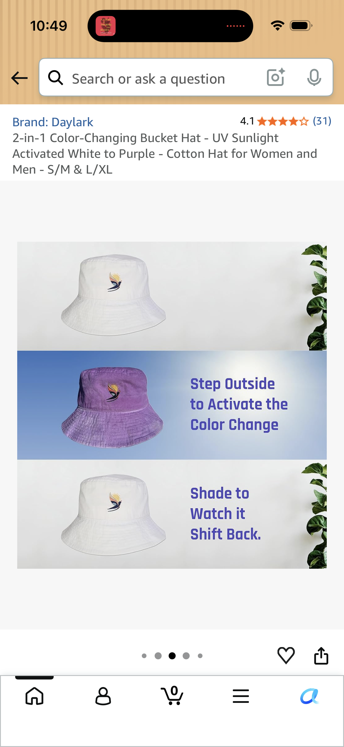 2-in-1 Color-Changing Bucket Hat - UV Sunlight Activated White to Purple - Cotton Hat for Women and Men - S/M