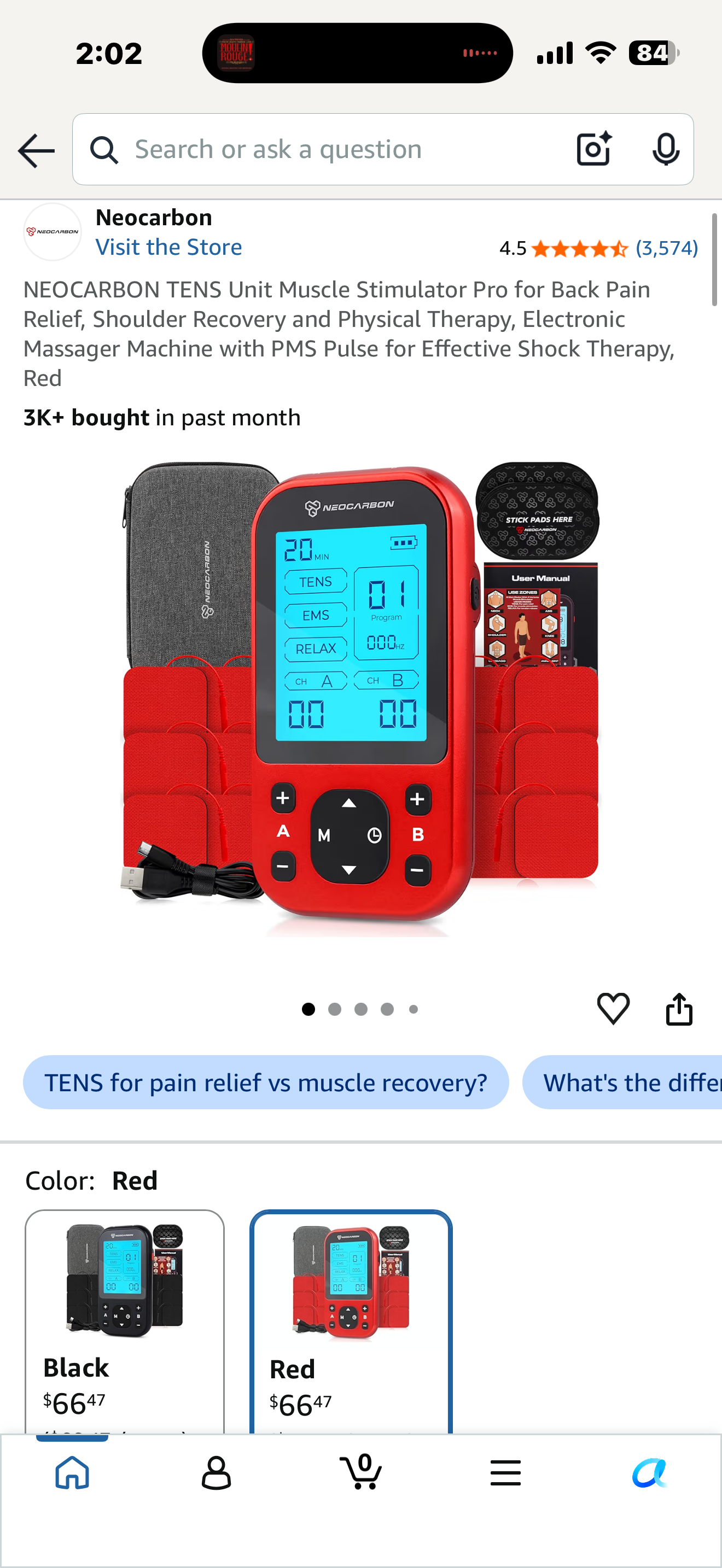 NEOCARBON TENS Unit Muscle Stimulator Pro for Back Pain Relief, Shoulder Recovery and Physical Therapy, Electronic Massager Machine with PMS Pulse for Effective Shock Therapy, Red