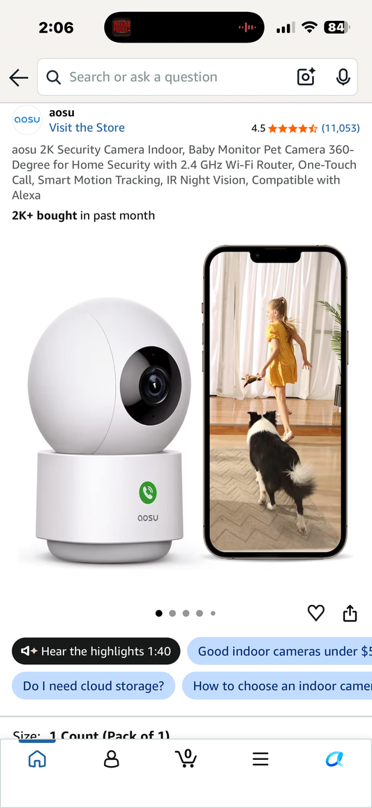 2K Security Camera Indoor, Baby Monitor Pet Camera 360-Degree for Home Security with 2.4 GHz Wi-Fi Router, One-Touch Call, Smart Motion Tracking, IR Night Vision, Compatible with Alexa