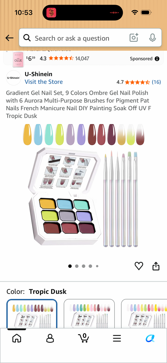 Gradient Gel Nail Set, 9 Colors Ombre Gel Nail Polish with 6 Aurora Multi-Purpose Brushes for Pigment Pat Nails French Manicure Nail DIY Painting Soak Off UV F Tropic Dusk