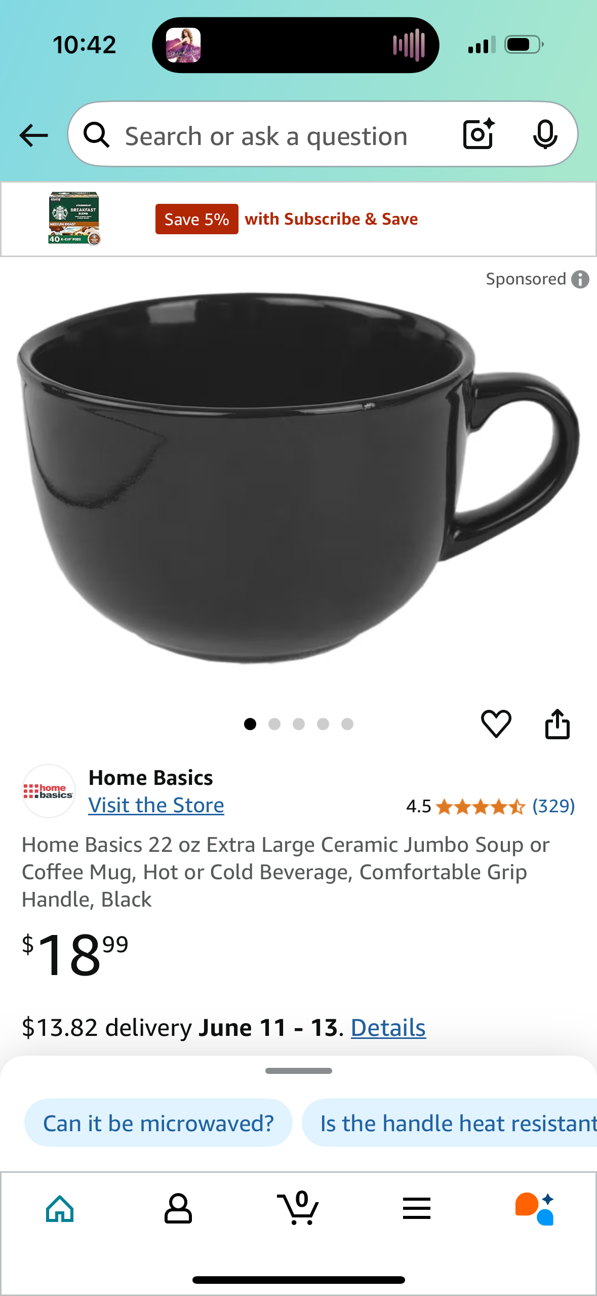 Home Basics 22 oz Extra Large Ceramic Jumbo Soup or Coffee Mug, Hot or Cold Beverage, Comfortable Grip Handle, Black