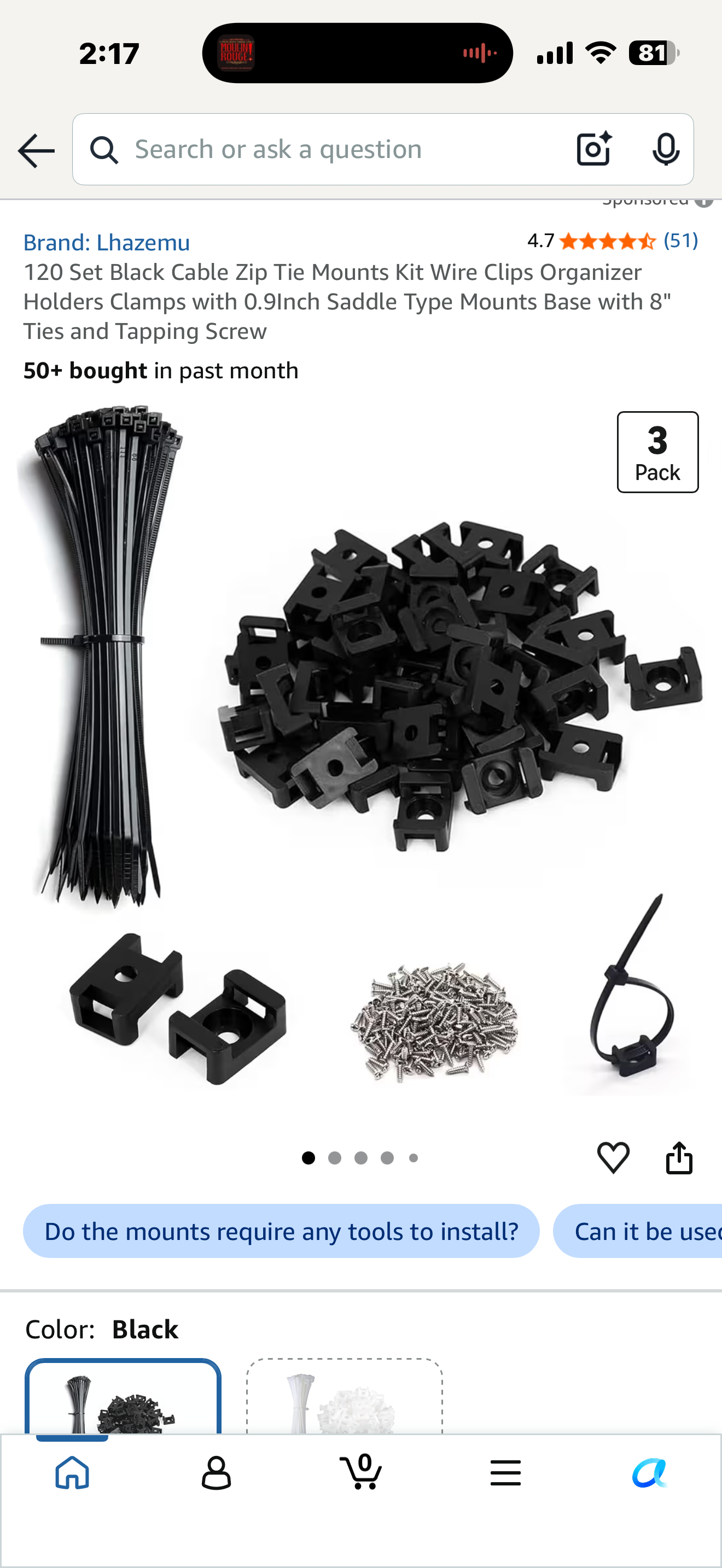 120 Set Black Cable Zip Tie Mounts Kit Wire Clips Organizer Holders Clamps with 0.9Inch Saddle Type Mounts Base with 8" Ties and Tapping Screw