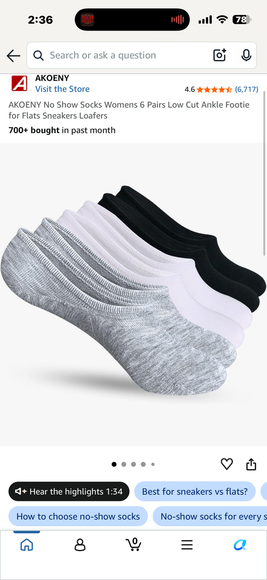 AKOENY No Show Socks Womens 6 Pairs Low Cut Ankle Footie for Flats Sneakers Loafers