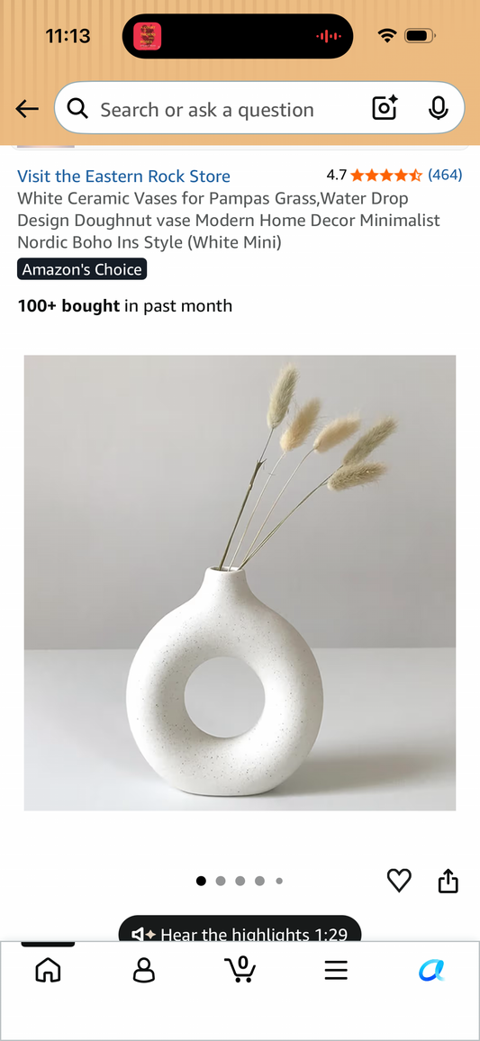 White Ceramic Vases for Pampas Grass,Water Drop Design Doughnut vase Modern Home Decor Minimalist Nordic Boho Ins Style (Size Mini)