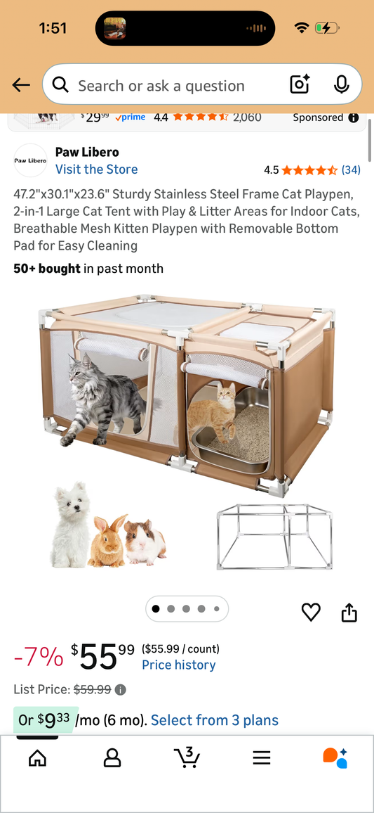 47.2'x30.1'x23.6' Sturdy Stainless Steel Frame Cat Playpen, 2-in-1 Large Cat Tent with Play & Litter Areas for Indoor Cats, Breathable Mesh Kitten Playpen with Removable Bottom Pad for Easy Cleaning
