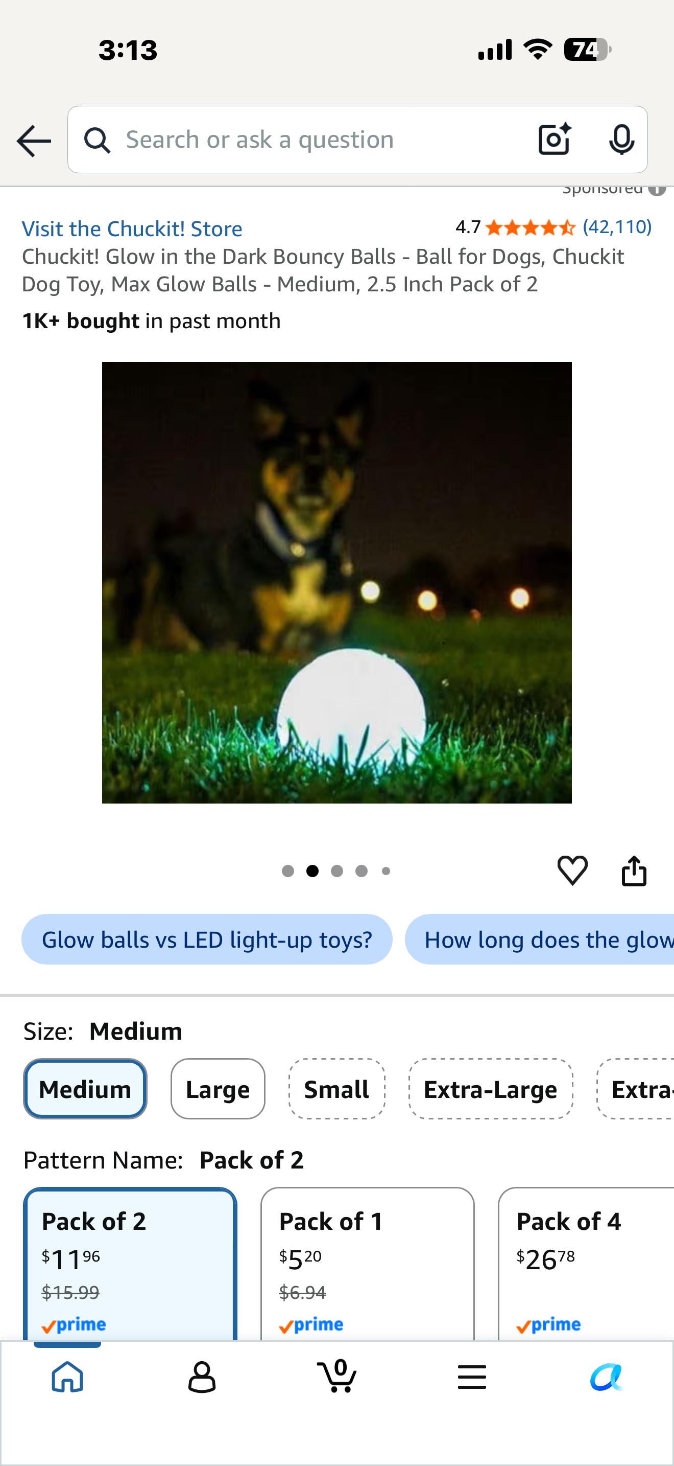 Chuckit! Glow in the Dark Bouncy Balls - Ball for Dogs, Chuckit Dog Toy, Max Glow Balls - Medium, 2.5 Inch Pack of 2