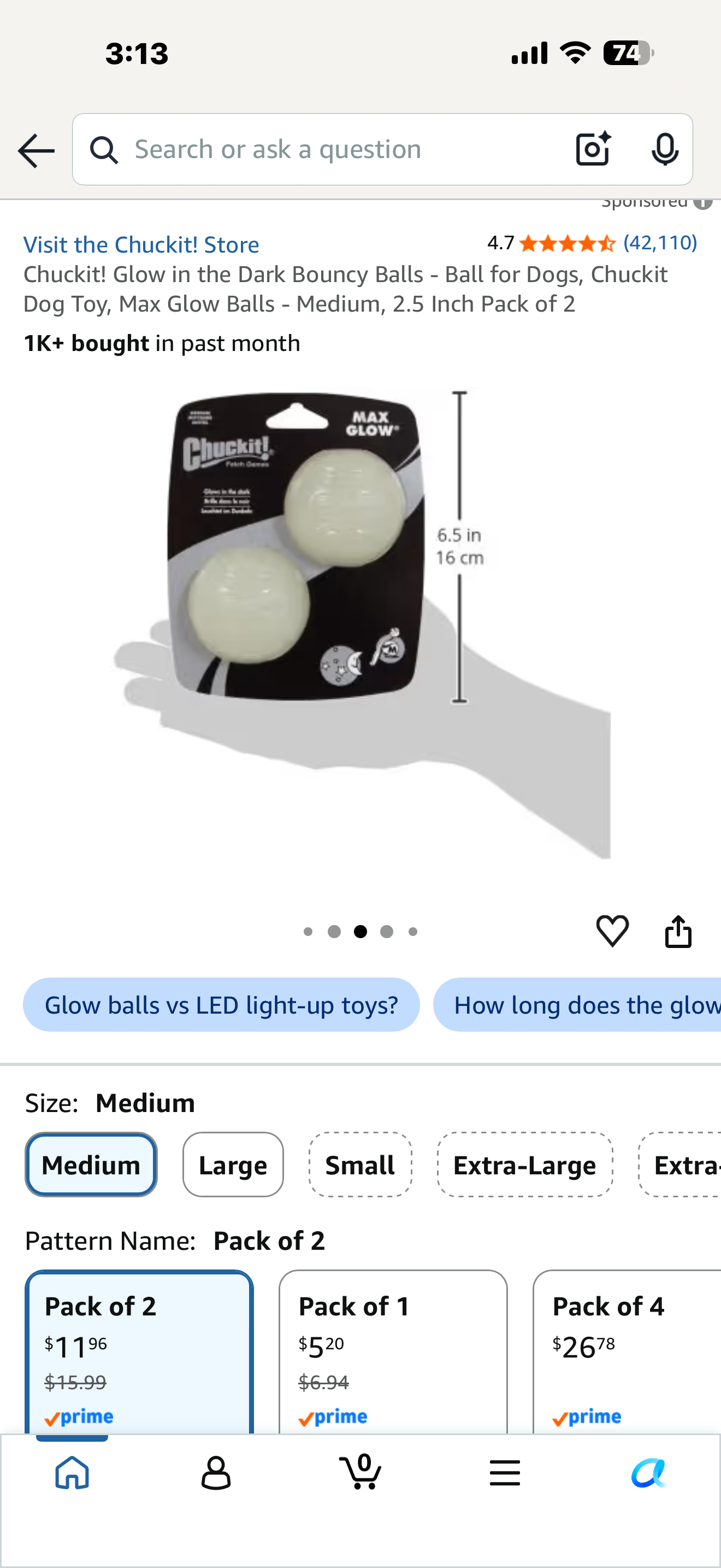 Chuckit! Glow in the Dark Bouncy Balls - Ball for Dogs, Chuckit Dog Toy, Max Glow Balls - Medium, 2.5 Inch Pack of 2