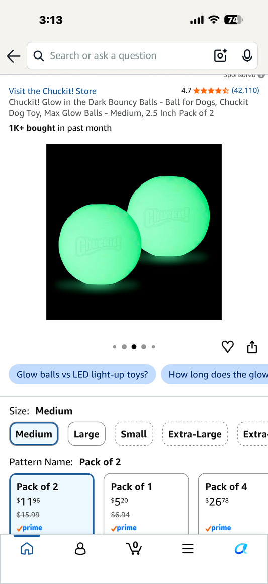 Chuckit! Glow in the Dark Bouncy Balls - Ball for Dogs, Chuckit Dog Toy, Max Glow Balls - Medium, 2.5 Inch Pack of 2