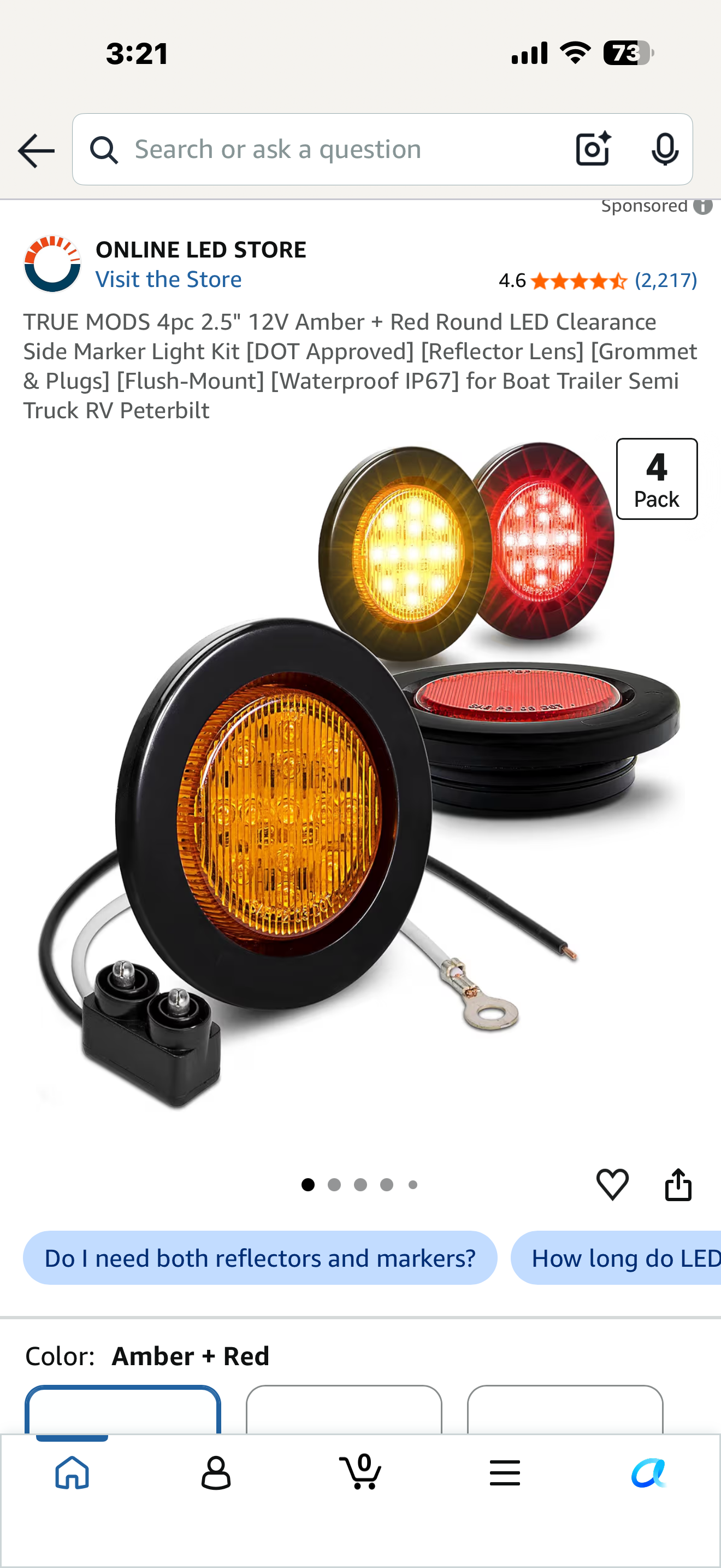 TRUE MODS 4pc 2.5" 12V Amber + Red Round LED Clearance Side Marker Light Kit [DOT Approved] [Reflector Lens] [Grommet & Plugs] [Flush-Mount] [Waterproof IP67] for Boat Trailer Semi Truck RV Peterbilt