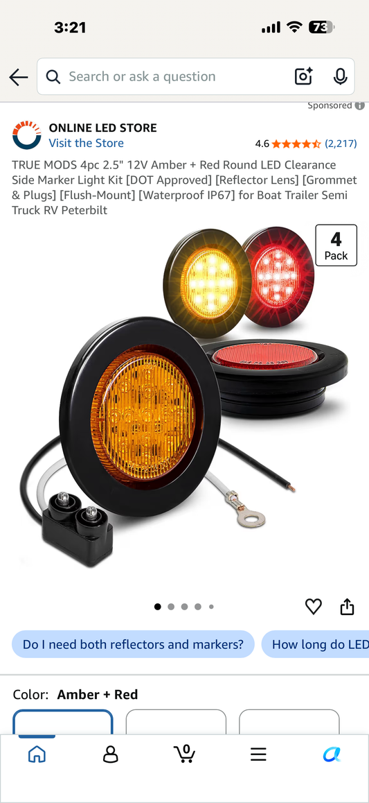 TRUE MODS 4pc 2.5" 12V Amber + Red Round LED Clearance Side Marker Light Kit [DOT Approved] [Reflector Lens] [Grommet & Plugs] [Flush-Mount] [Waterproof IP67] for Boat Trailer Semi Truck RV Peterbilt