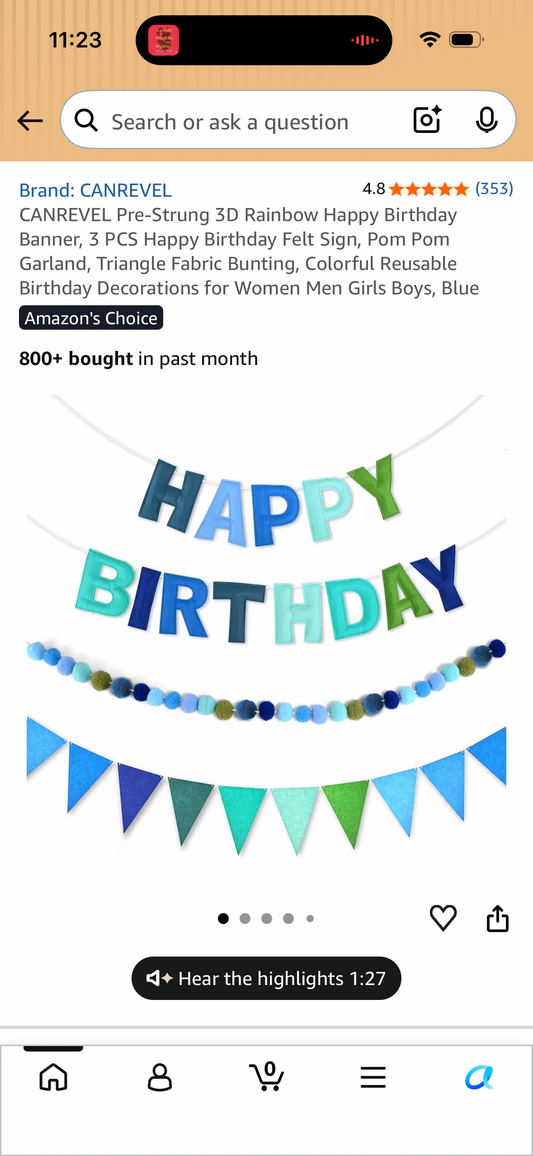CANREVEL Pre-Strung 3D Rainbow Happy Birthday Banner, 3 PCS Happy Birthday Felt Sign, Pom Pom Garland, Triangle Fabric Bunting, Colorful Reusable Birthday Decorations for Women Men Girls Boys, Blue