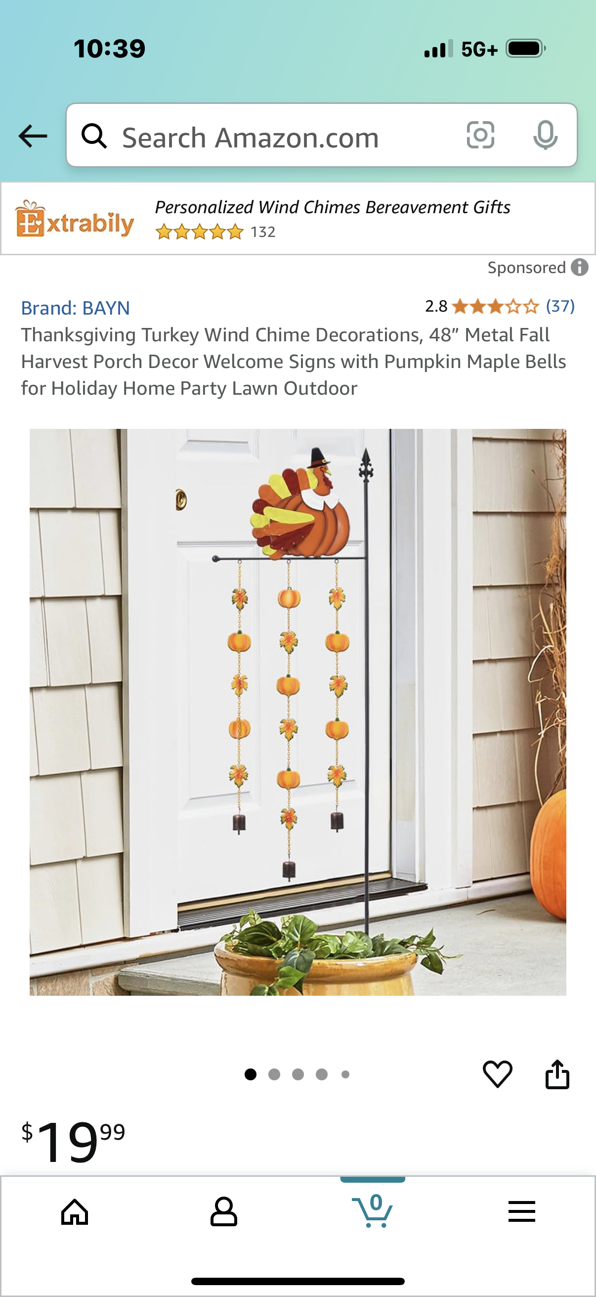 Thanksgiving Turkey Wind Chime Decorations, 48” Metal Fall Harvest Porch Decor Welcome Signs with Pumpkin Maple Bells for Holiday Home Party Lawn Outdoor