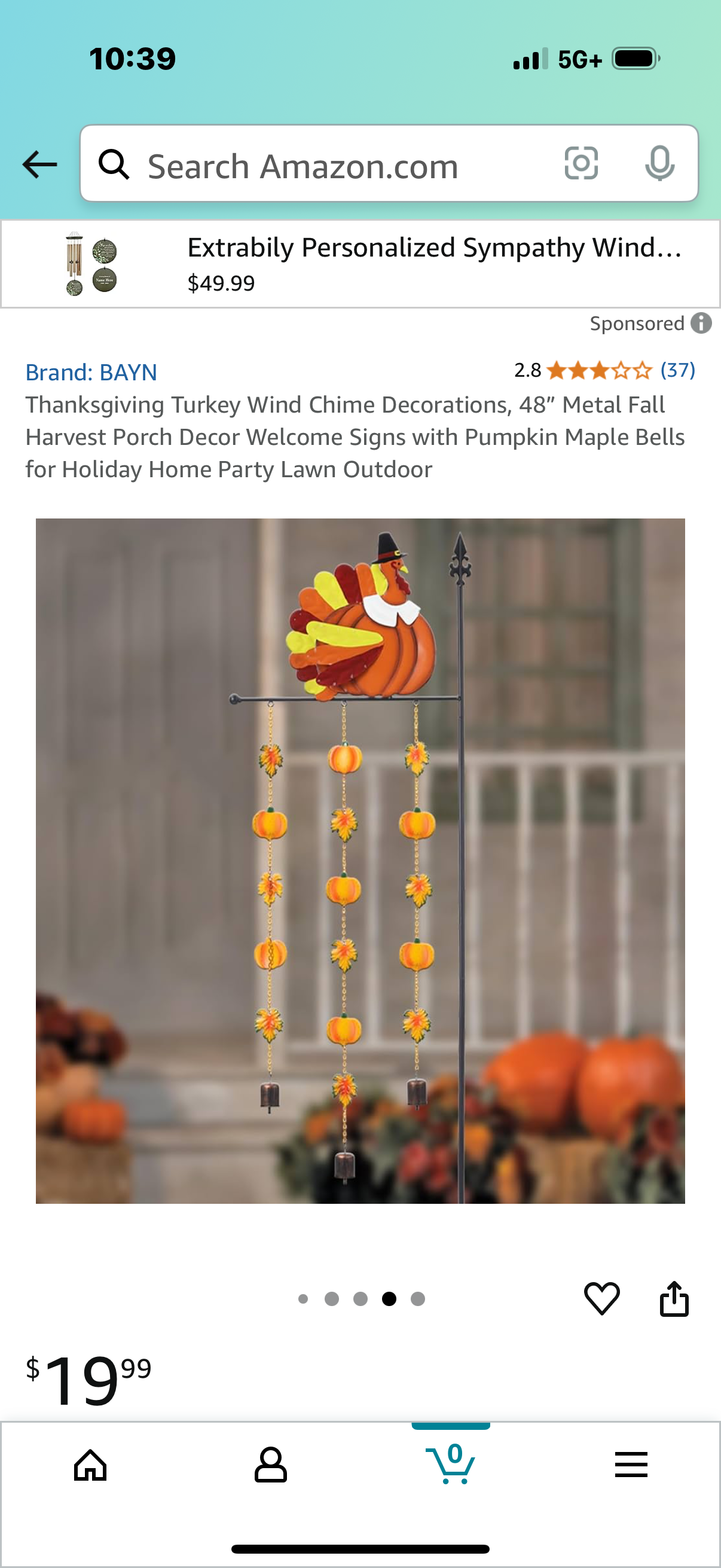 Thanksgiving Turkey Wind Chime Decorations, 48” Metal Fall Harvest Porch Decor Welcome Signs with Pumpkin Maple Bells for Holiday Home Party Lawn Outdoor
