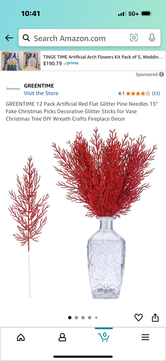 GREENTIME 12 Pack Artificial Red Flat Glitter Pine Needles 13" Fake Christmas Picks Decorative Glitter Sticks for Vase Christmas Tree DIY Wreath Crafts Fireplace Decor