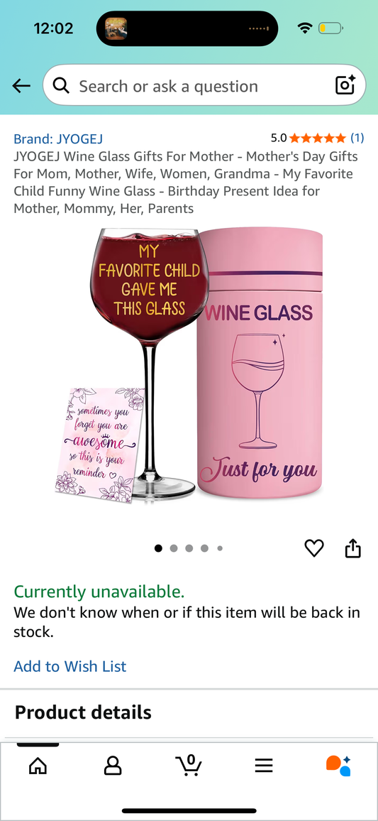 JYOGEJ Wine Glass Gifts For Mother - Mother's Day Gifts For Mom, Mother, Wife, Women, Grandma - My Favorite Child Funny Wine Glass - Birthday Present Idea for Mother, Mommy, Her, Parents