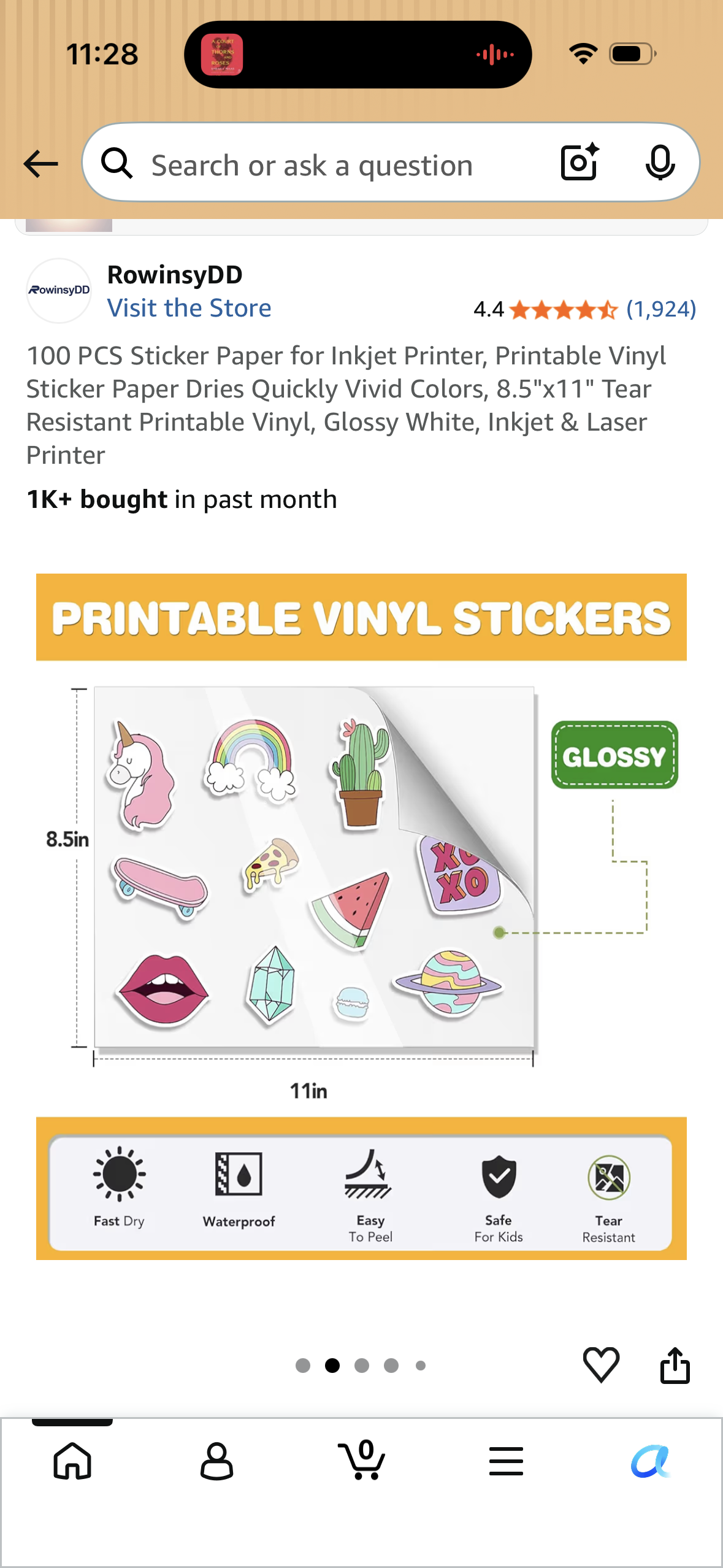 100 PCS Sticker Paper for Inkjet Printer, Printable Vinyl Sticker Paper Dries Quickly Vivid Colors, 8.5"x11" Tear Resistant Printable Vinyl, Glossy White, Inkjet & Laser Printer