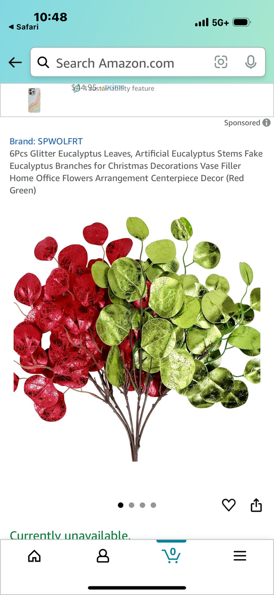 6Pcs Glitter Eucalyptus Leaves, Artificial Eucalyptus Stems Fake Eucalyptus Branches for Christmas Decorations Vase Filler Home Office Flowers Arrangement Centerpiece Decor (Red Green