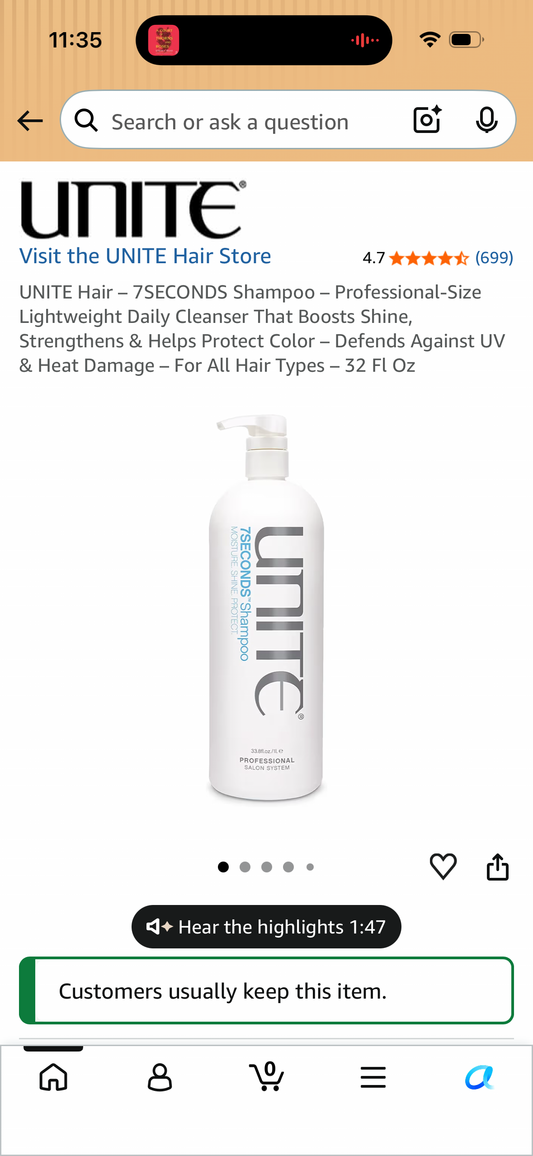 UNITE Hair – 7SECONDS Shampoo – Professional-Size Lightweight Daily Cleanser That Boosts Shine, Strengthens & Helps Protect Color – Defends Against UV & Heat Damage – For All Hair Types – 32 Fl Oz