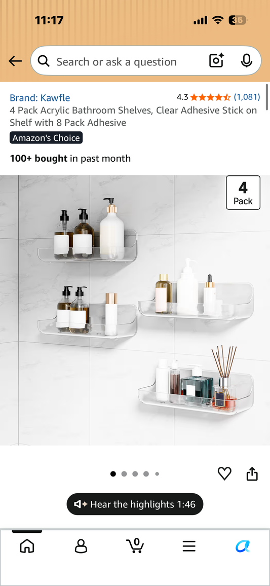 4 Pack Acrylic Bathroom Shelves, Clear Adhesive Stick on Shelf with 8 Pack Adhesive