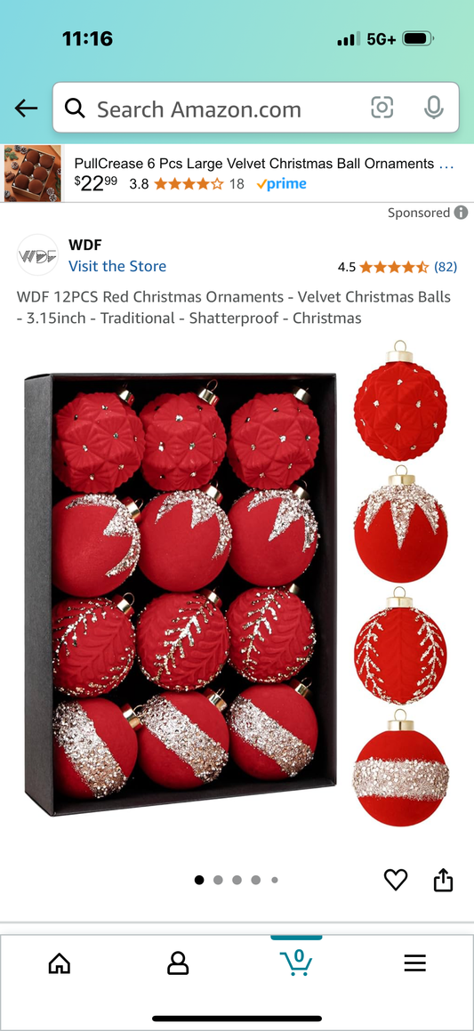 WDF 12PCS Red Christmas Ornaments - Velvet Christmas Balls - 3.15inch - Traditional - Shatterproof - Christmas