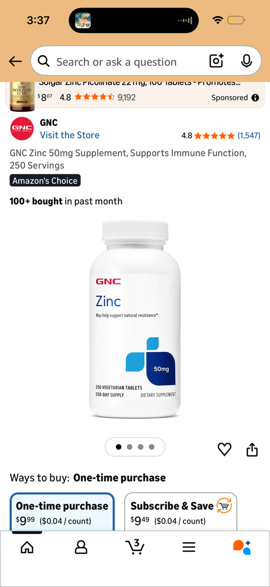 GNC Zinc 50mg Supplement, Supports Immune Function, 250 Servings