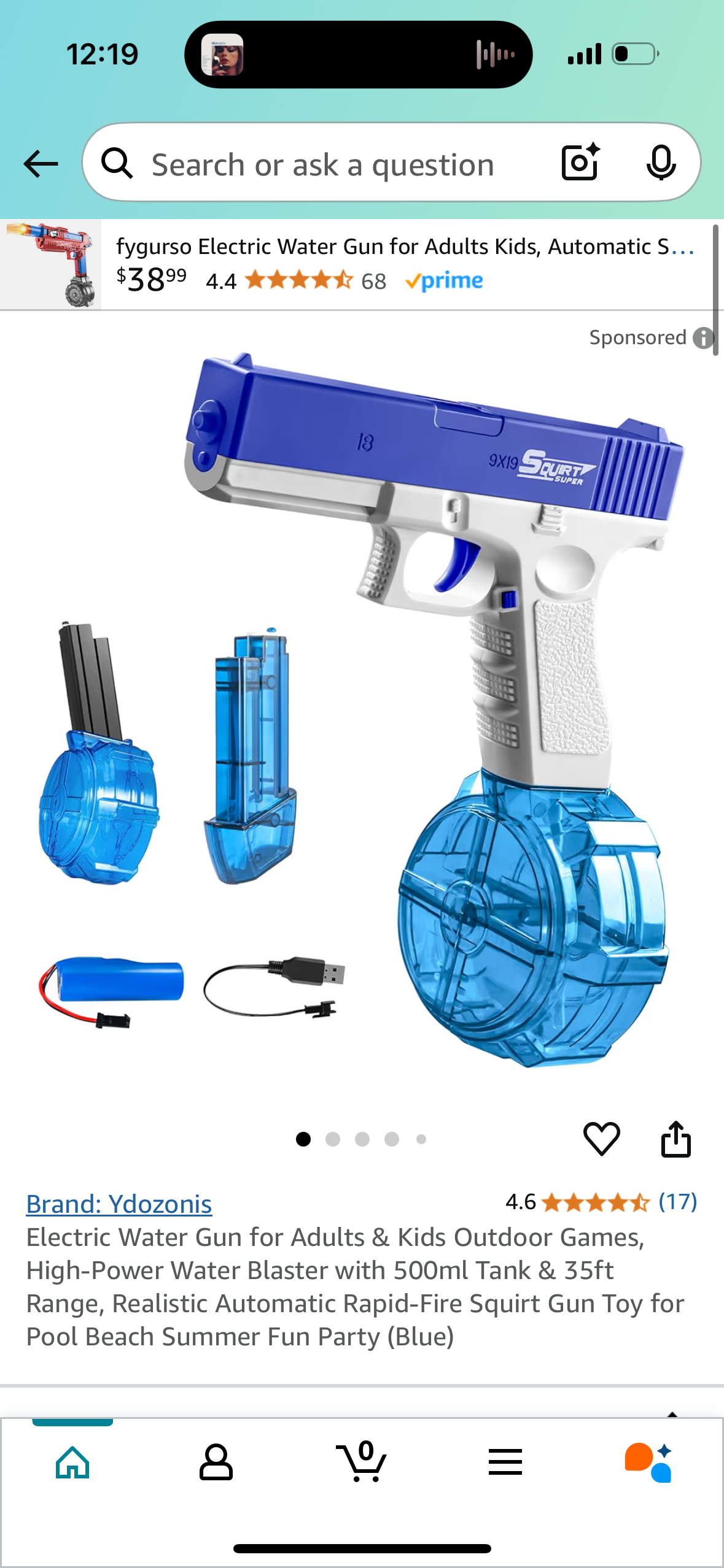 Electric Water Gun for Adults & Kids Outdoor Games, High-Power Water Blaster with 500ml Tank & 35ft Range, Realistic Automatic Rapid-Fire Squirt Gun Toy for Pool Beach Summer Fun Party (Blue)