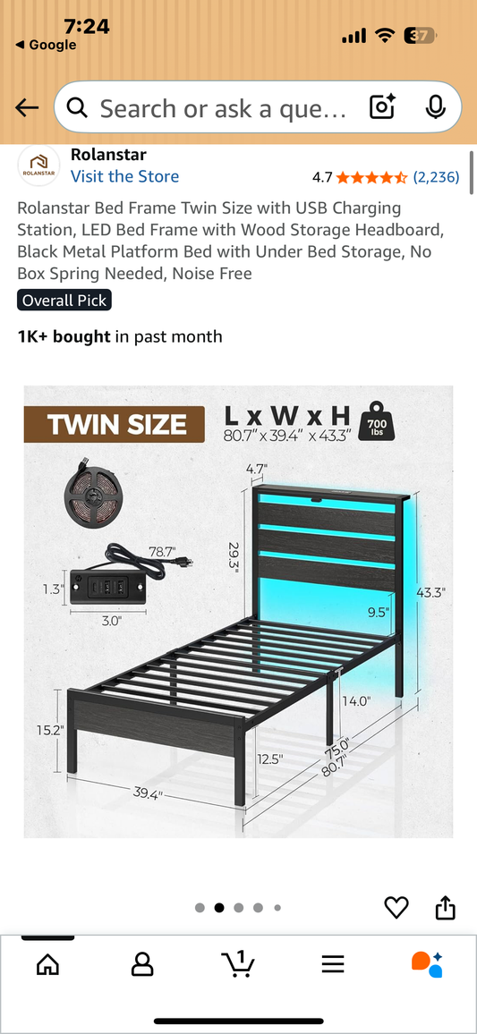 Twin Size Bed Frame with USB Charging Station, LED Bed Frame with Storage Headboard, Black Metal Platform Bed with Under Bed Storage, No Box Spring Needed, Noise Free (B1107)
