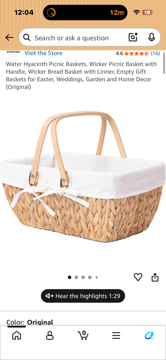 Wicker Picnic Basket with Handle, Wicker Bread Basket with Liner, Gift Basket for Easter, Weddings, Garden, Picnic and Home Decor