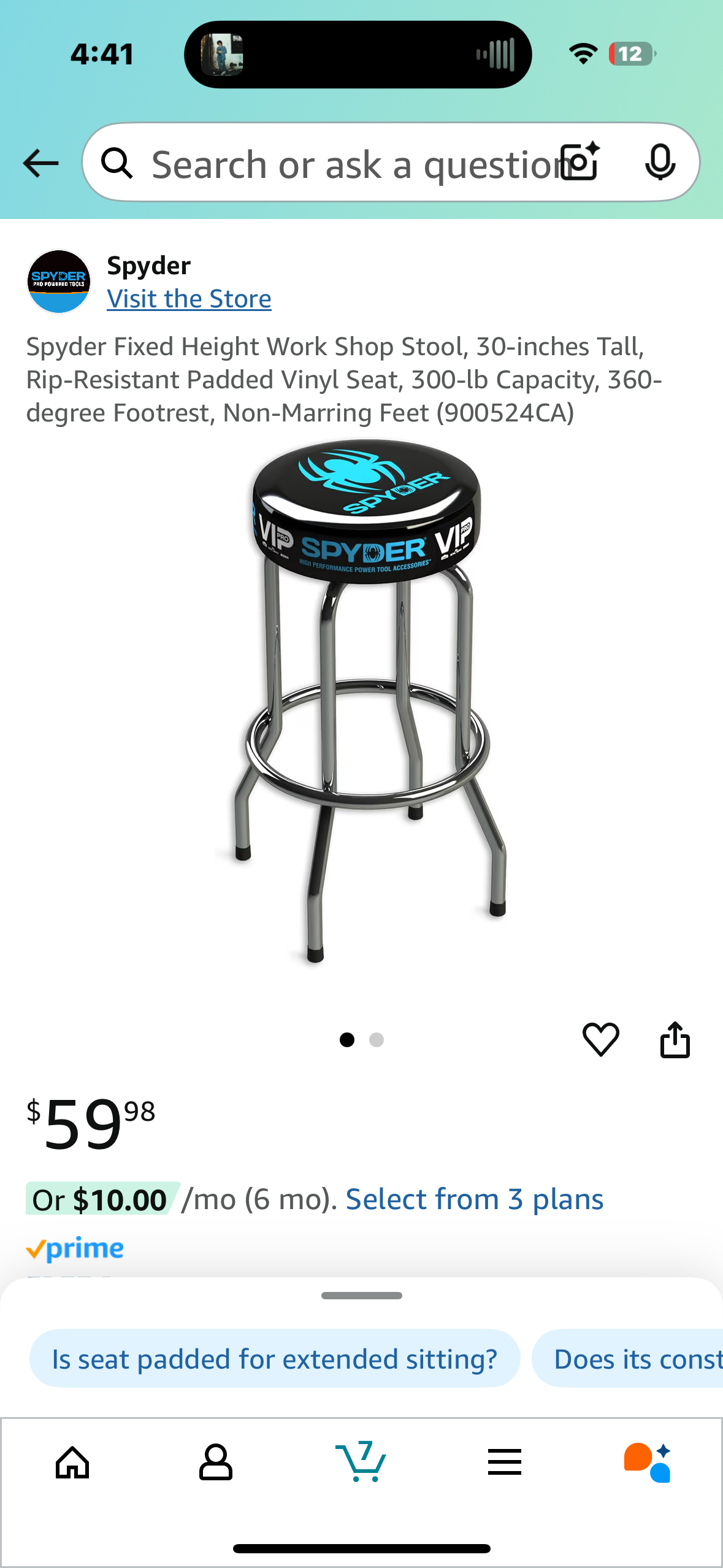 Spyder Fixed Height Work Shop Stool, 30-inches Tall, Rip-Resistant Padded Vinyl Seat, 300-lb Capacity, 360-degree Footrest, Non-Marring Feet (900524CA