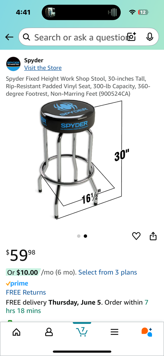 Spyder Fixed Height Work Shop Stool, 30-inches Tall, Rip-Resistant Padded Vinyl Seat, 300-lb Capacity, 360-degree Footrest, Non-Marring Feet (900524CA