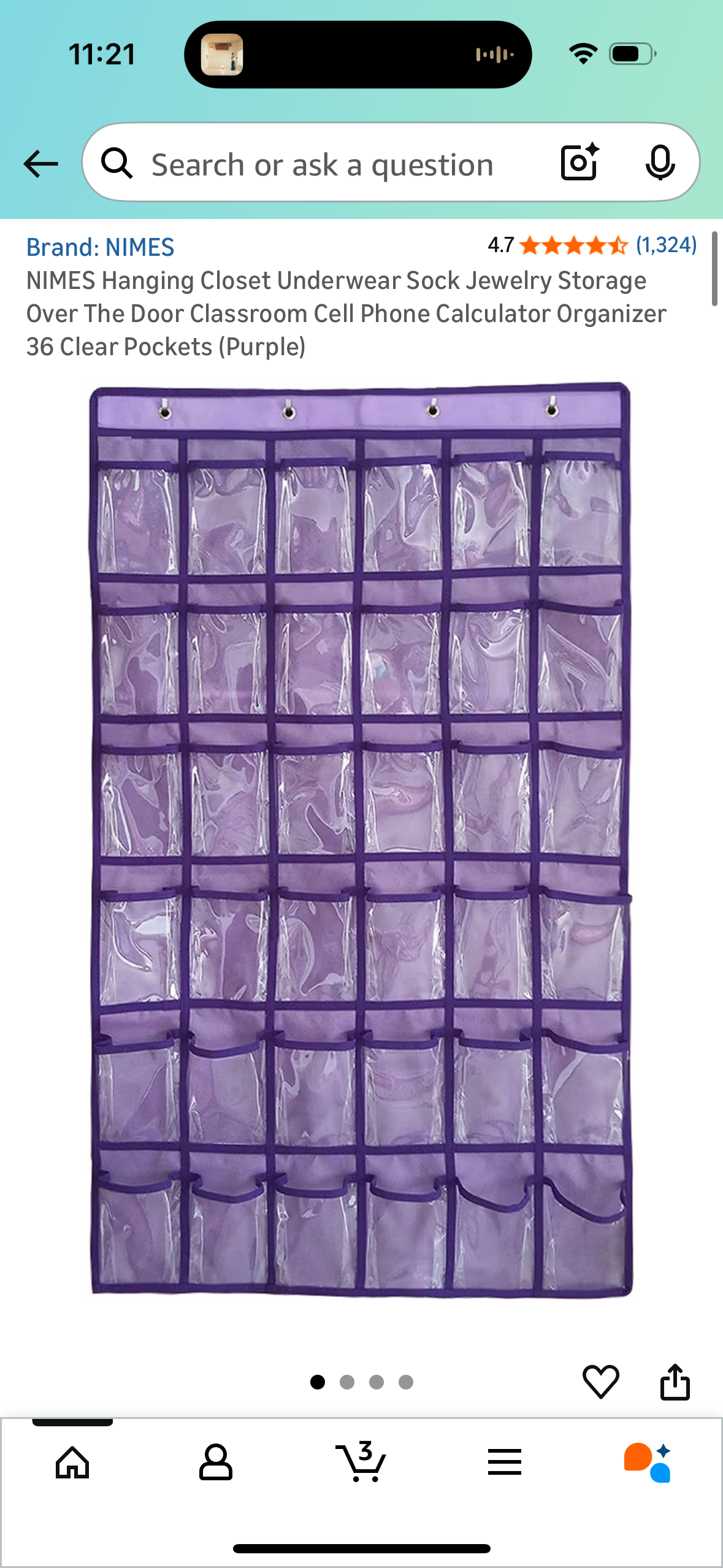 NIMES Hanging Closet Underwear Sock Jewelry Storage Over The Door Classroom Cell Phone Calculator Organizer 36 Clear Pockets (Purple)