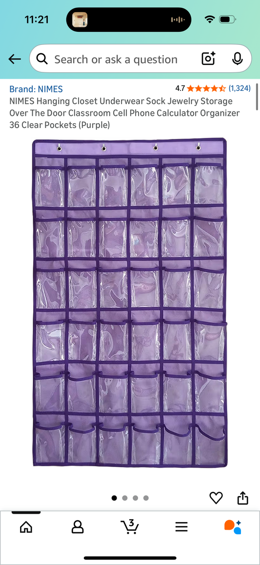 NIMES Hanging Closet Underwear Sock Jewelry Storage Over The Door Classroom Cell Phone Calculator Organizer 36 Clear Pockets (Purple)
