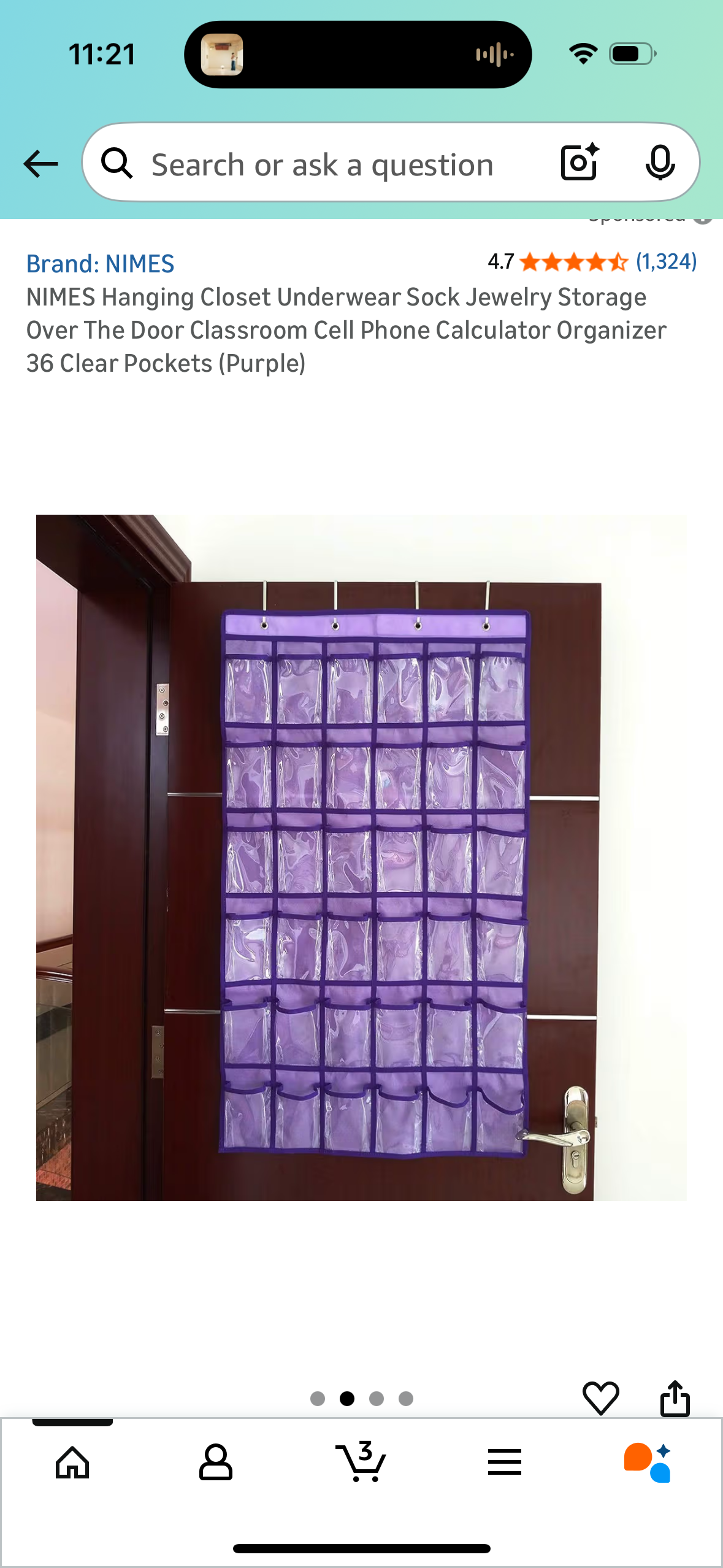 NIMES Hanging Closet Underwear Sock Jewelry Storage Over The Door Classroom Cell Phone Calculator Organizer 36 Clear Pockets (Purple)