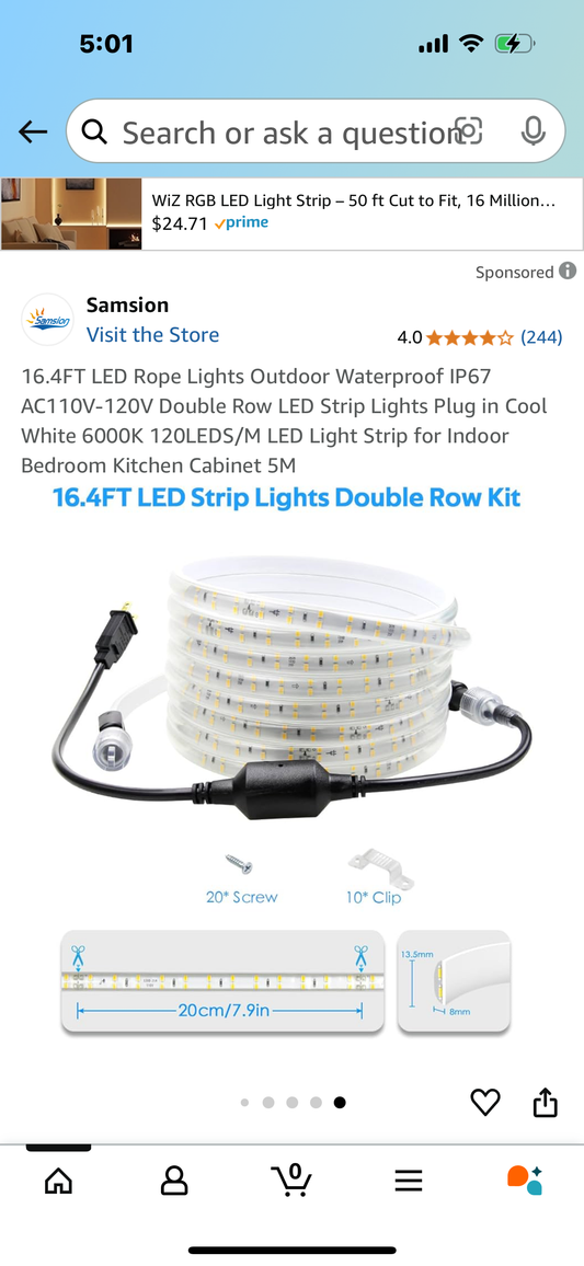 16.4FT LED Rope Lights Outdoor Waterproof IP67 AC110V-120V Double Row LED Strip Lights Plug in Cool White 6000K 120LEDS/M LED Light Strip for Indoor Bedroom Kitchen Cabinet 5M