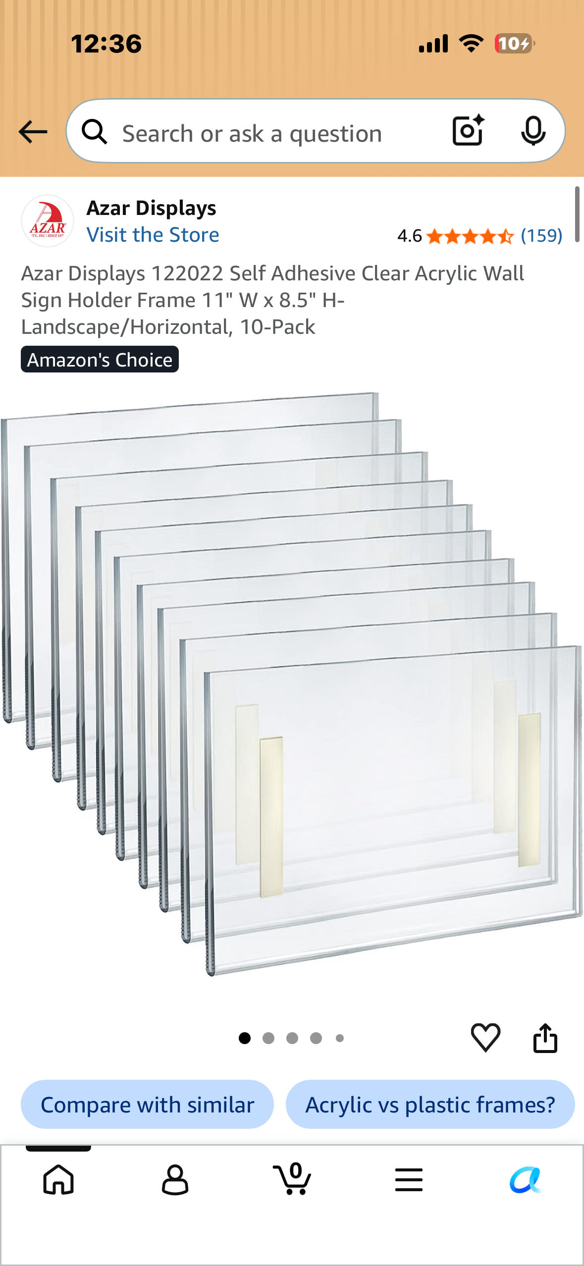 Azar Displays 122022 Self Adhesive Clear Acrylic Wall Sign Holder Frame 11" W x 8.5" H- Landscape/Horizontal, 10-Pack
