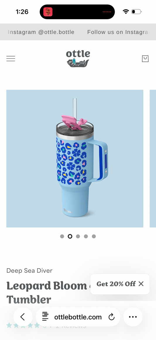 Ottle Deep Sea Diver 40 oz Insulated Tumbler with Handle and Straw Lid - Leak Proof, Cupholder Friendly Travel Mug - Stainless Steel Double Wall Water Bottle for Hot and Cold Drinks - Leopard Bloom