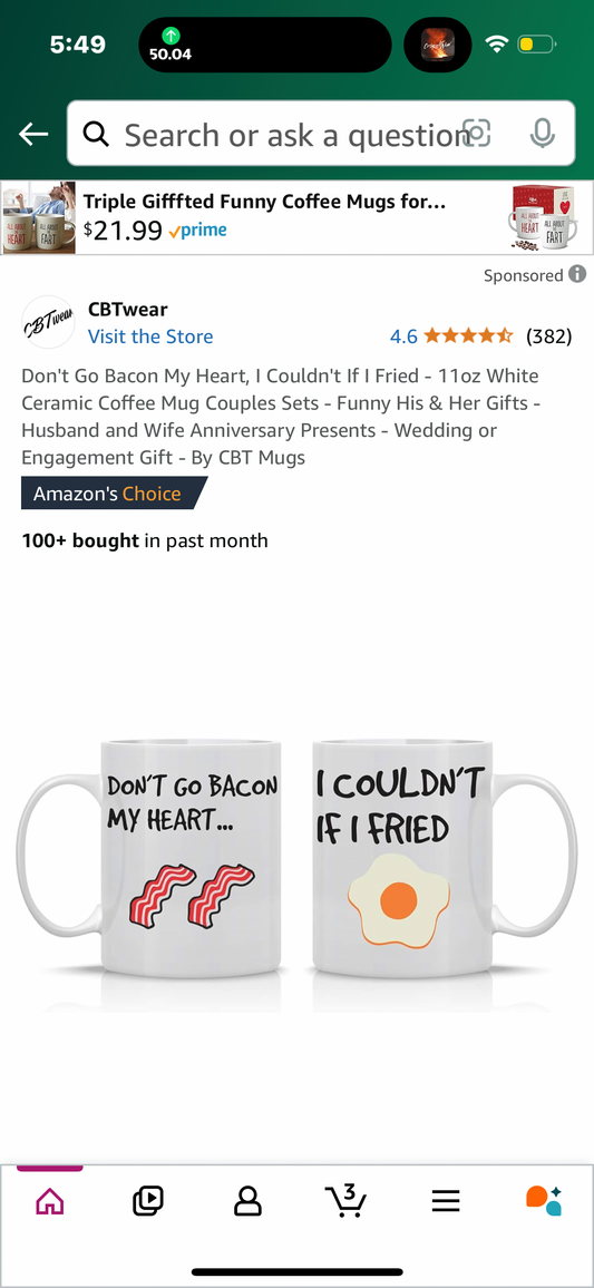 Don't Go Bacon My Heart, I Couldn't If I Fried - 11oz White Ceramic Coffee Mug Couples Sets - Funny His & Her Gifts - Husband and Wife Anniversary Presents - Wedding or Engagement Gift - By CBT Mugs