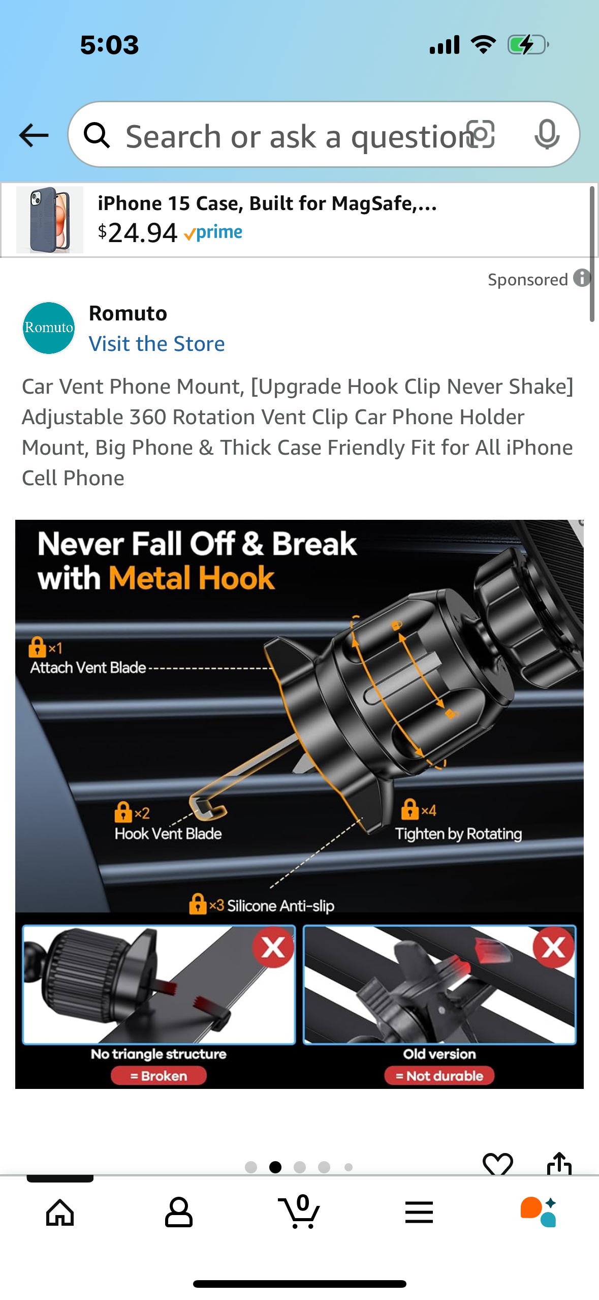 Car Vent Phone Mount, [Upgrade Hook Clip Never Shake] Adjustable 360 Rotation Vent Clip Car Phone Holder Mount, Big Phone & Thick Case Friendly Fit for All iPhone Cell Phone