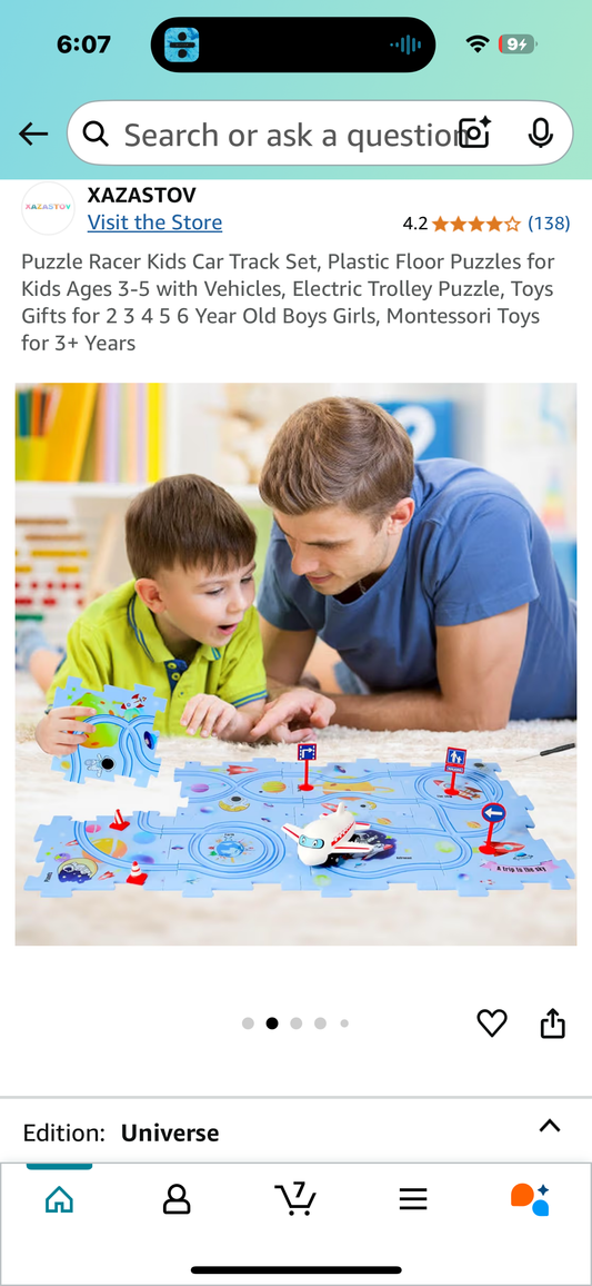 Puzzle Racer Kids Car Track Set, Plastic Floor Puzzles for Kids Ages 3-5 with Vehicles, Electric Trolley Puzzle, Toys Gifts for 2 3 4 5 6 Year Old Boys Girls, Montessori Toys for 3+ Years