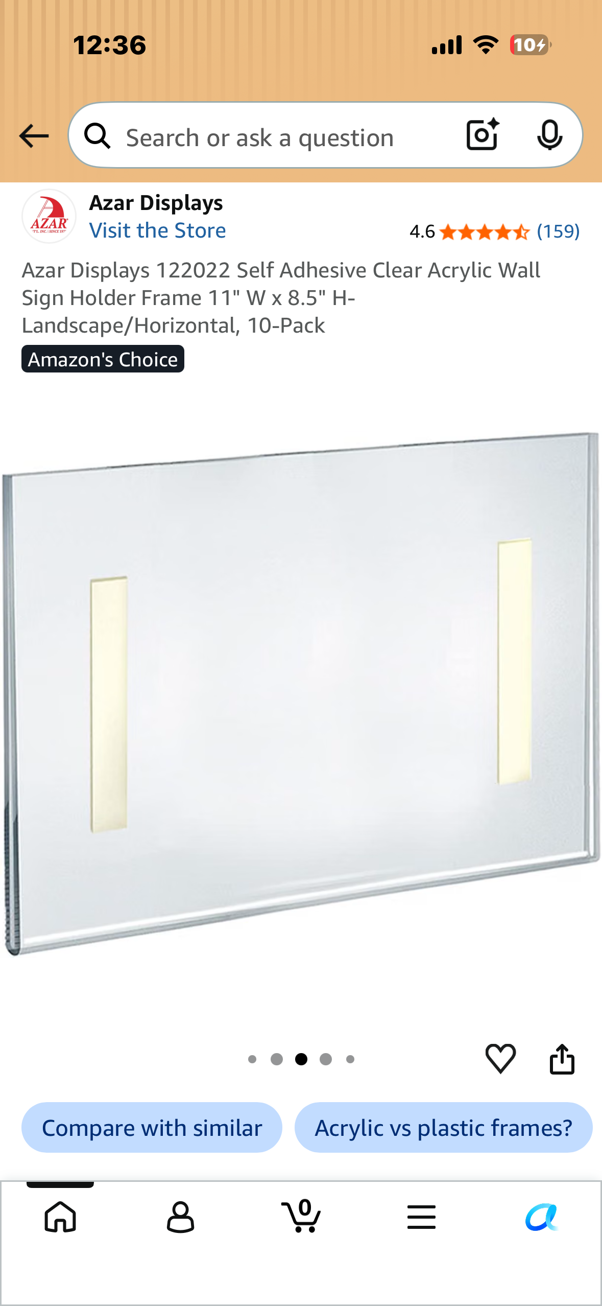 Azar Displays 122022 Self Adhesive Clear Acrylic Wall Sign Holder Frame 11" W x 8.5" H- Landscape/Horizontal, 10-Pack