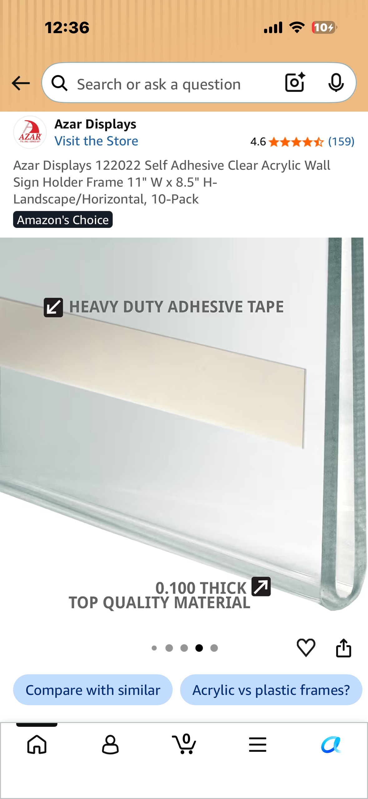 Azar Displays 122022 Self Adhesive Clear Acrylic Wall Sign Holder Frame 11" W x 8.5" H- Landscape/Horizontal, 10-Pack