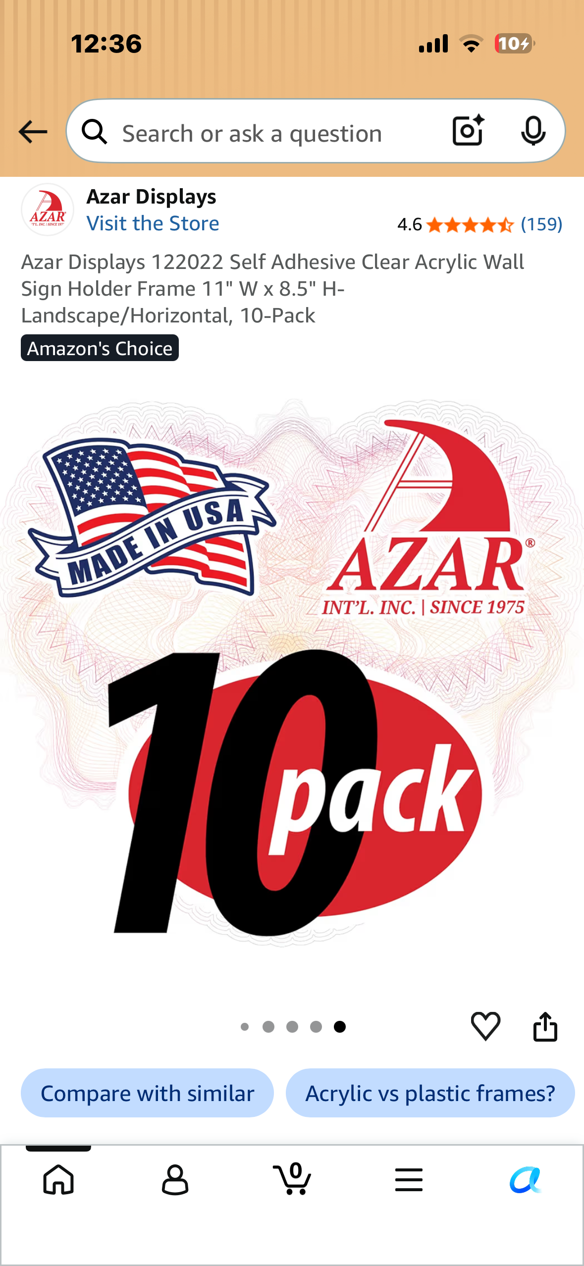 Azar Displays 122022 Self Adhesive Clear Acrylic Wall Sign Holder Frame 11" W x 8.5" H- Landscape/Horizontal, 10-Pack