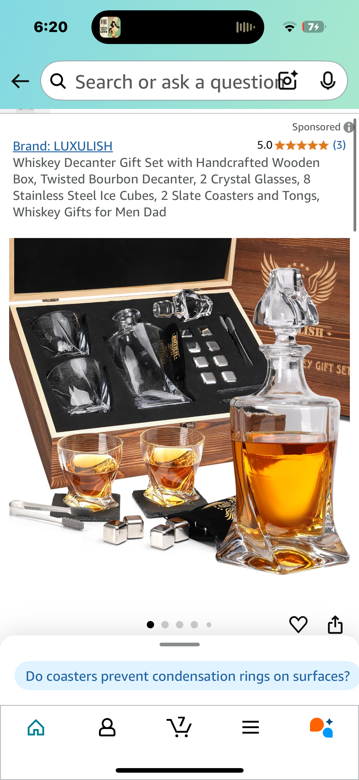 Whiskey Decanter Gift Set with Handcrafted Wooden Box, Twisted Bourbon Decanter, 2 Crystal Glasses, 8 Stainless Steel Ice Cubes, 2 Slate Coasters and Tongs, Whiskey Gifts for Men Dad