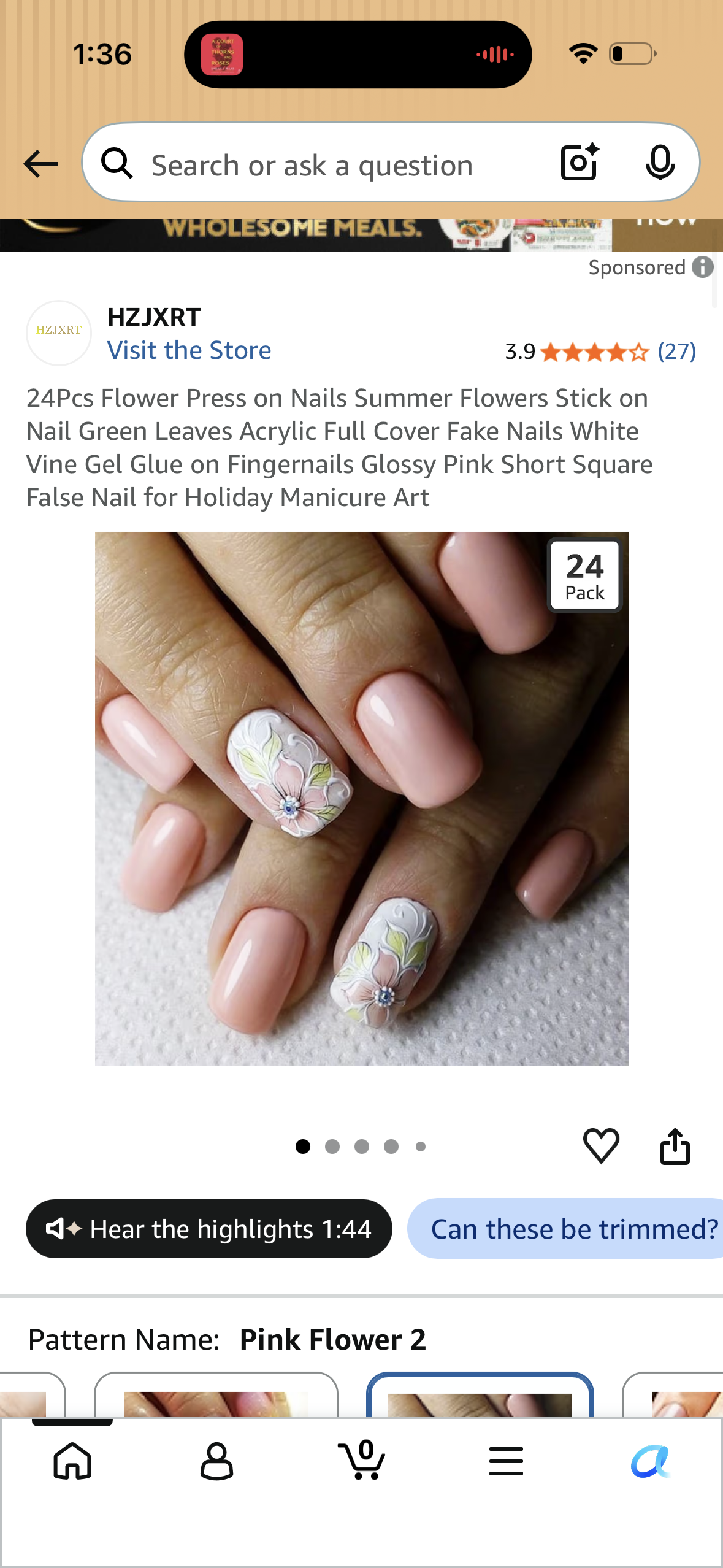 24Pcs Flower Press on Nails Summer Flowers Stick on Nail Green Leaves Acrylic Full Cover Fake Nails White Vine Gel Glue on Fingernails Glossy Pink Short Square False Nail for Holiday Manicure Art