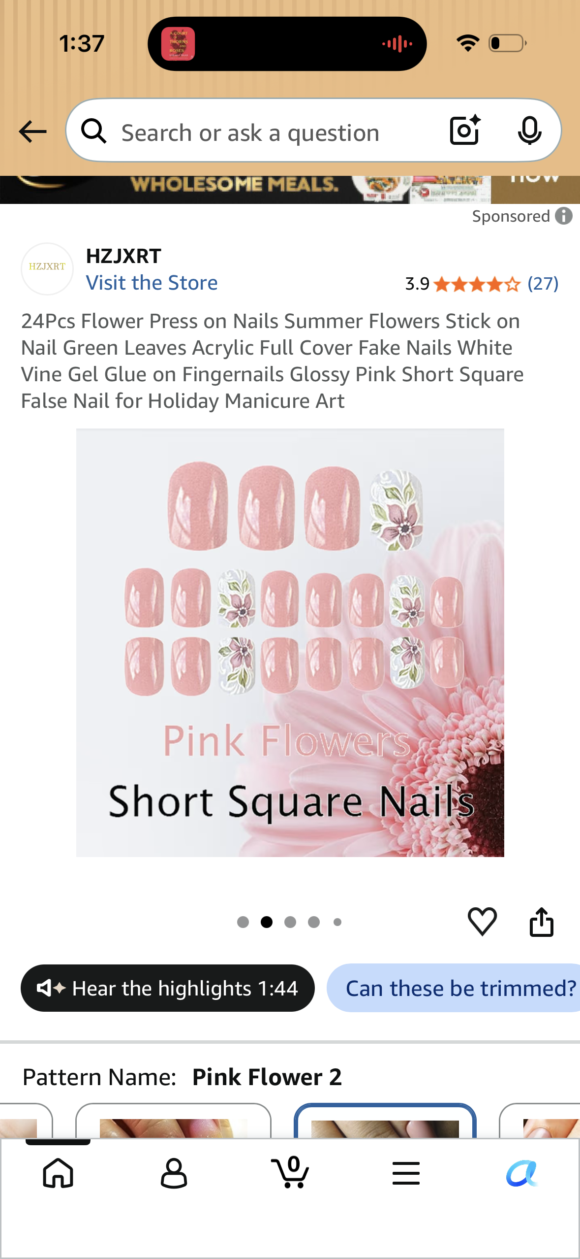 24Pcs Flower Press on Nails Summer Flowers Stick on Nail Green Leaves Acrylic Full Cover Fake Nails White Vine Gel Glue on Fingernails Glossy Pink Short Square False Nail for Holiday Manicure Art