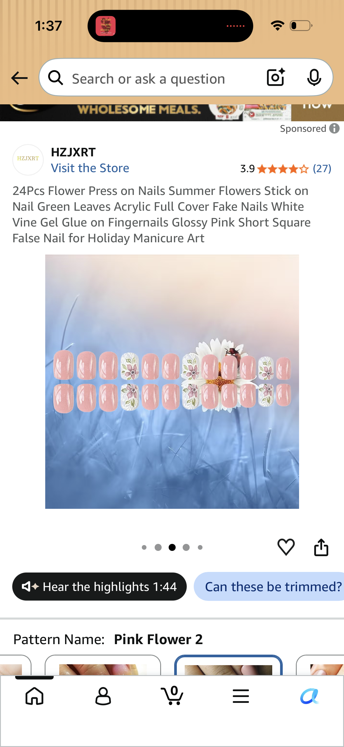 24Pcs Flower Press on Nails Summer Flowers Stick on Nail Green Leaves Acrylic Full Cover Fake Nails White Vine Gel Glue on Fingernails Glossy Pink Short Square False Nail for Holiday Manicure Art