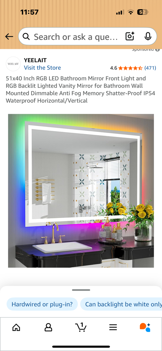 51x40 Inch RGB LED Bathroom Mirror, Front Light and RGB Backlit Lighted Vanity Mirror, Wall Mounted, Dimmable, Anti Fog, Shatter-Proof IP54 Waterproof (M395)