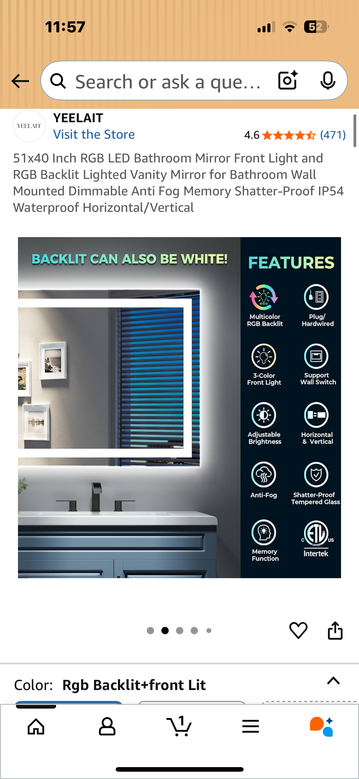 51x40 Inch RGB LED Bathroom Mirror, Front Light and RGB Backlit Lighted Vanity Mirror, Wall Mounted, Dimmable, Anti Fog, Shatter-Proof IP54 Waterproof (M395)