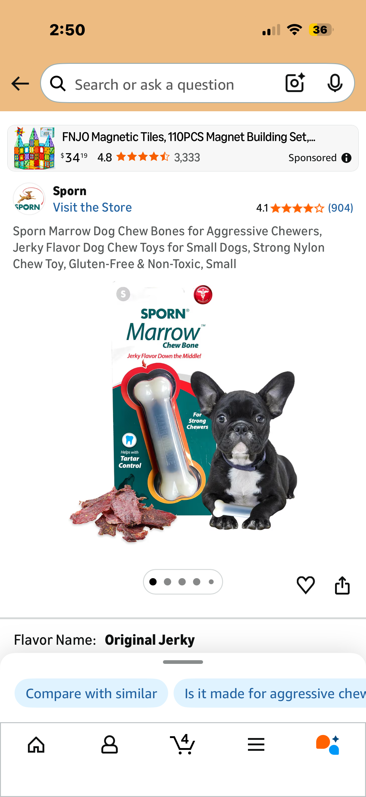 Sporn Marrow Dog Chew Bones for Aggressive Chewers, Jerky Flavor Dog Chew Toys for Small Dogs, Strong Nylon Chew Toy, Gluten-Free & Non-Toxic, Small