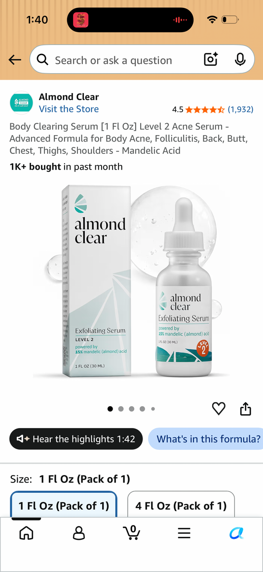 Body Clearing Serum [1 Fl Oz] Level 2 Acne Serum - Advanced Formula for Body Acne, Folliculitis, Back, Butt, Chest, Thighs, Shoulders - Mandelic Acid